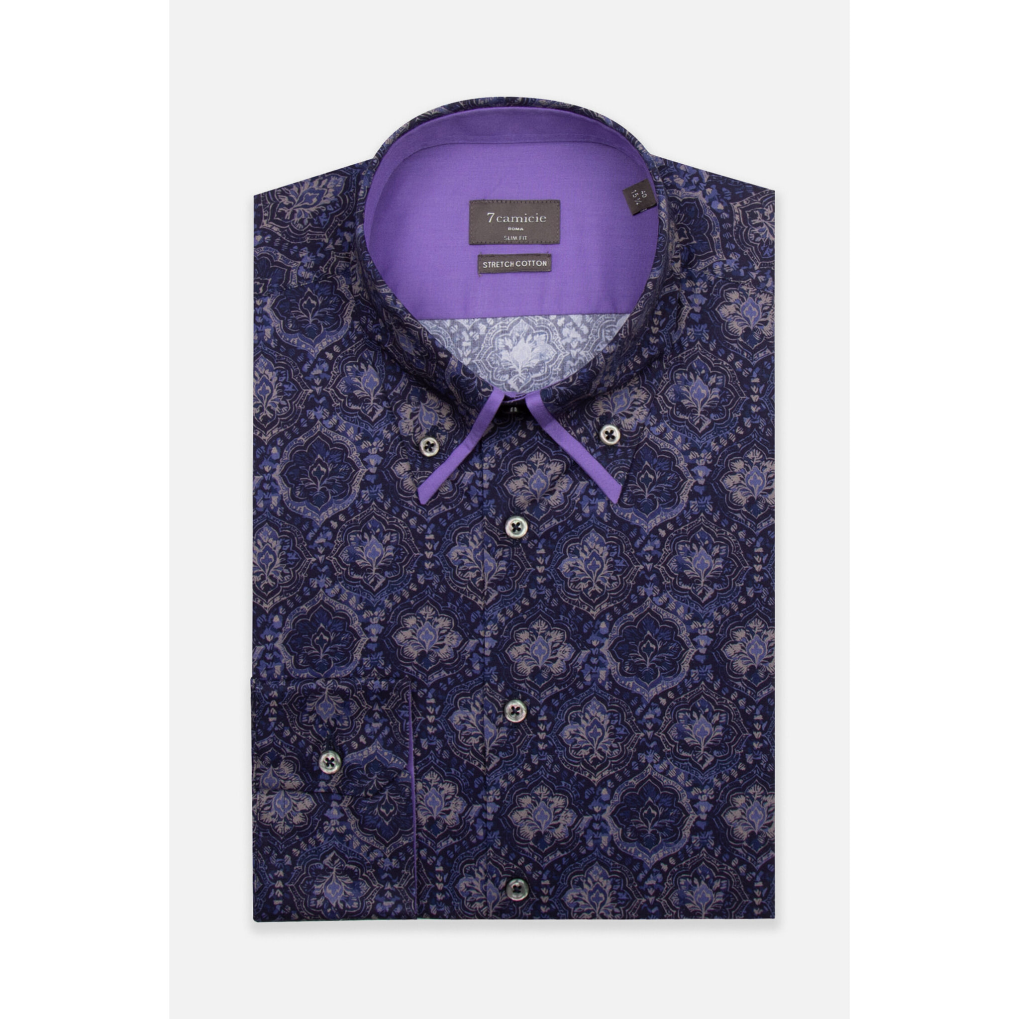 Camicia Uomo 2 Bottoni Button Down Doppio Coll Popeline Stretch Stampato Blu e Viola