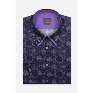 Camicia Uomo 2 Bottoni Button Down Doppio Coll Popeline Stretch Stampato Blu e Viola