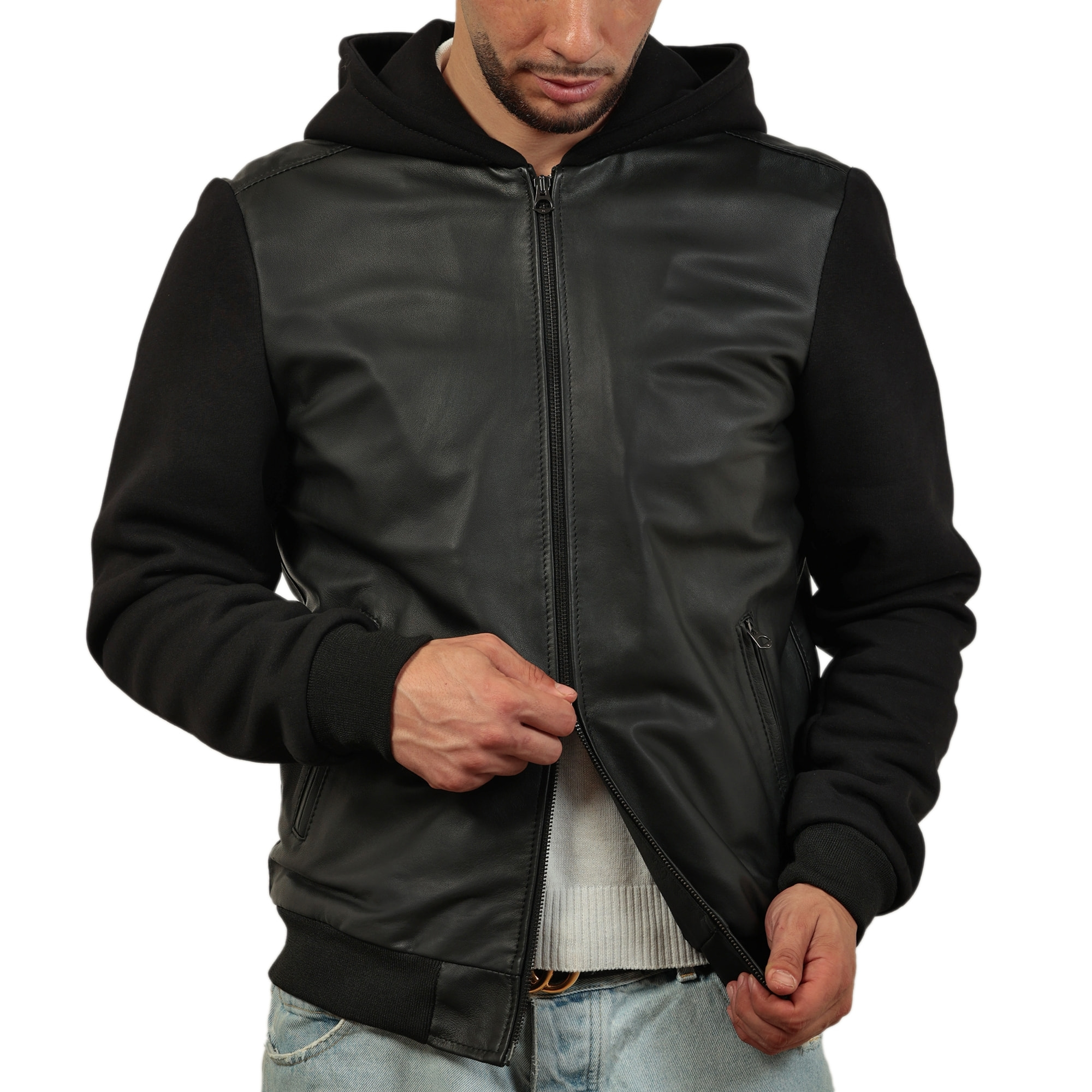 Giubbino in vera pelle di vitello con maniche e cappuccio in felpa Nero-Slim Fit