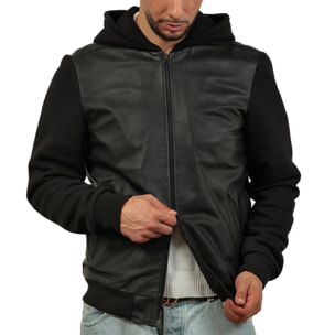 Giubbino in vera pelle di vitello con maniche e cappuccio in felpa Nero-Slim Fit