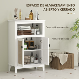 Mueble Auxiliar de Baño con 2 Puertas con Frontal de Ratán Armario de Baño con Estante Ajustable y Compartimento Abierto 60x30x90 cm Blanco