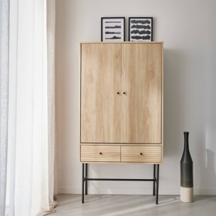 Armoire dressing effet bois rainuré 2 portes. 2 tiroirs. 3 étagères. buffet haut. vaisselier