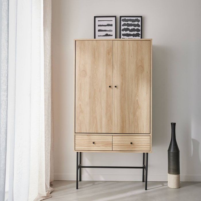 Armoire dressing effet bois rainuré 2 portes. 2 tiroirs. 3 étagères. buffet haut. vaisselier