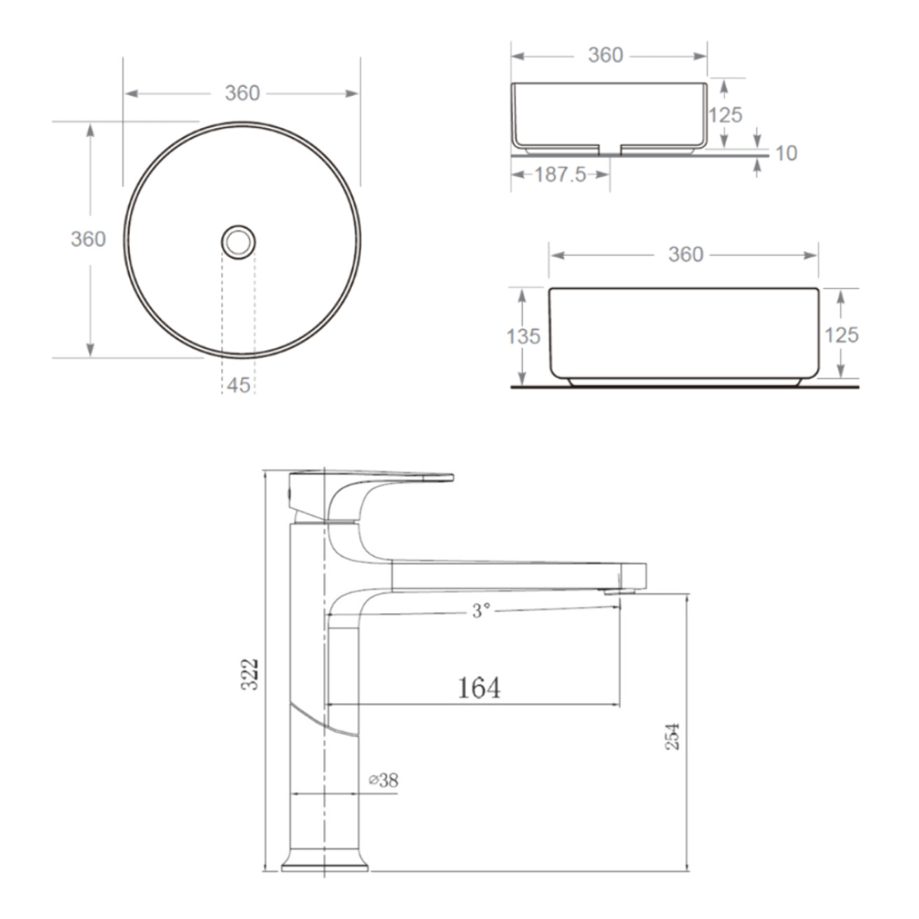 DARK mitigeur lavabo XL, or brossé + Ceramia PixL 36x12,5 cm vasque à poser, sans trop-plein, blanc brillant (SAT285PBZCEPX3636)