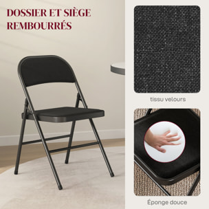 Lot de 4 chaises pliantes assise dossier rembourrés acier tissu toucher lin noir