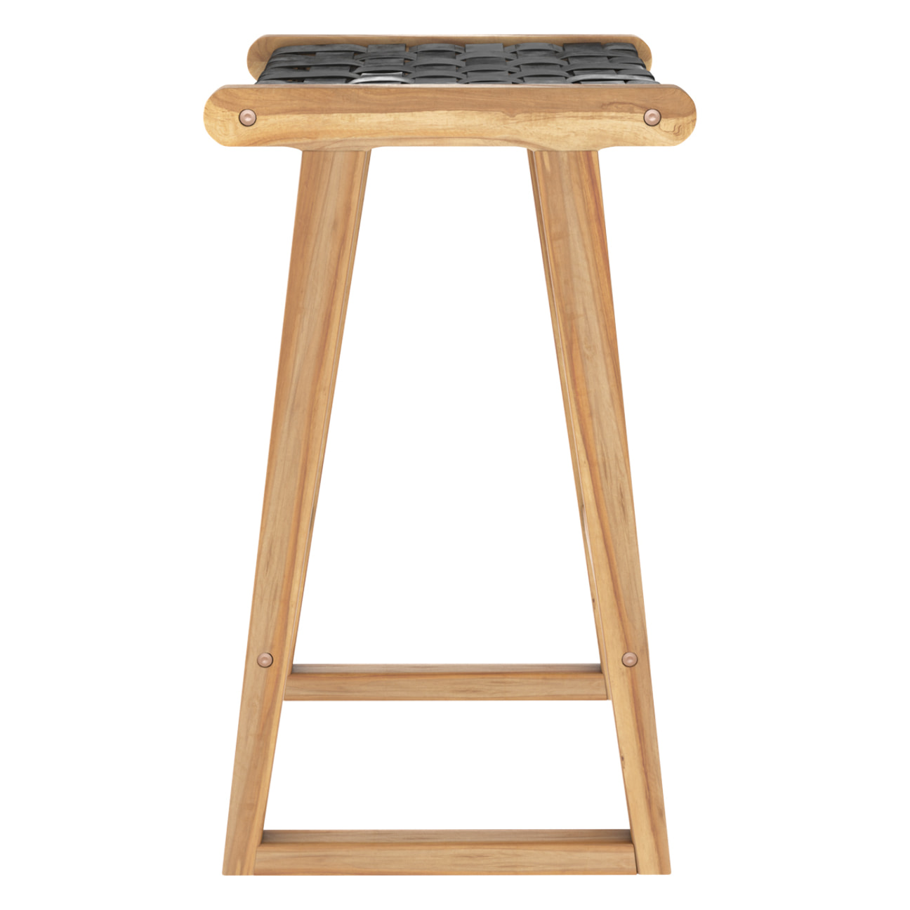 Tabouret pour îlot central 65 cm en teck et cuir tressé noir - Yuma