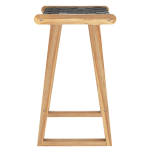 Tabouret pour îlot central 65 cm en teck et cuir tressé noir - Yuma