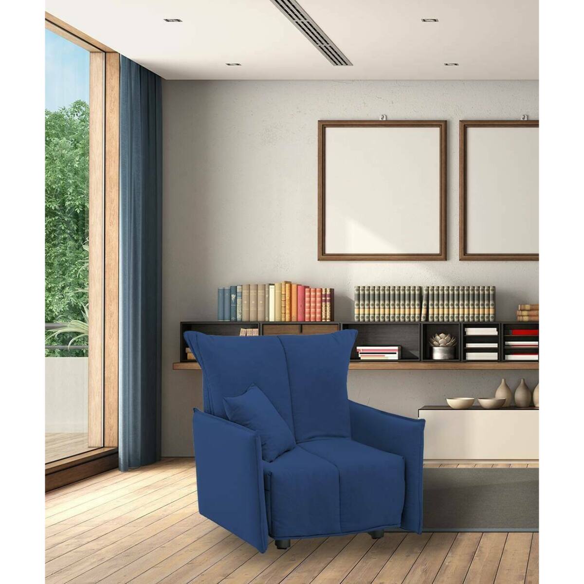 Divano Letto Almerinda, Divano singolo, 100% Made in Italy, Poltrona soggiorno con apertura a carrello, in tessuto imbottito, con Braccioli standard, Cm 110x90h85, Blu