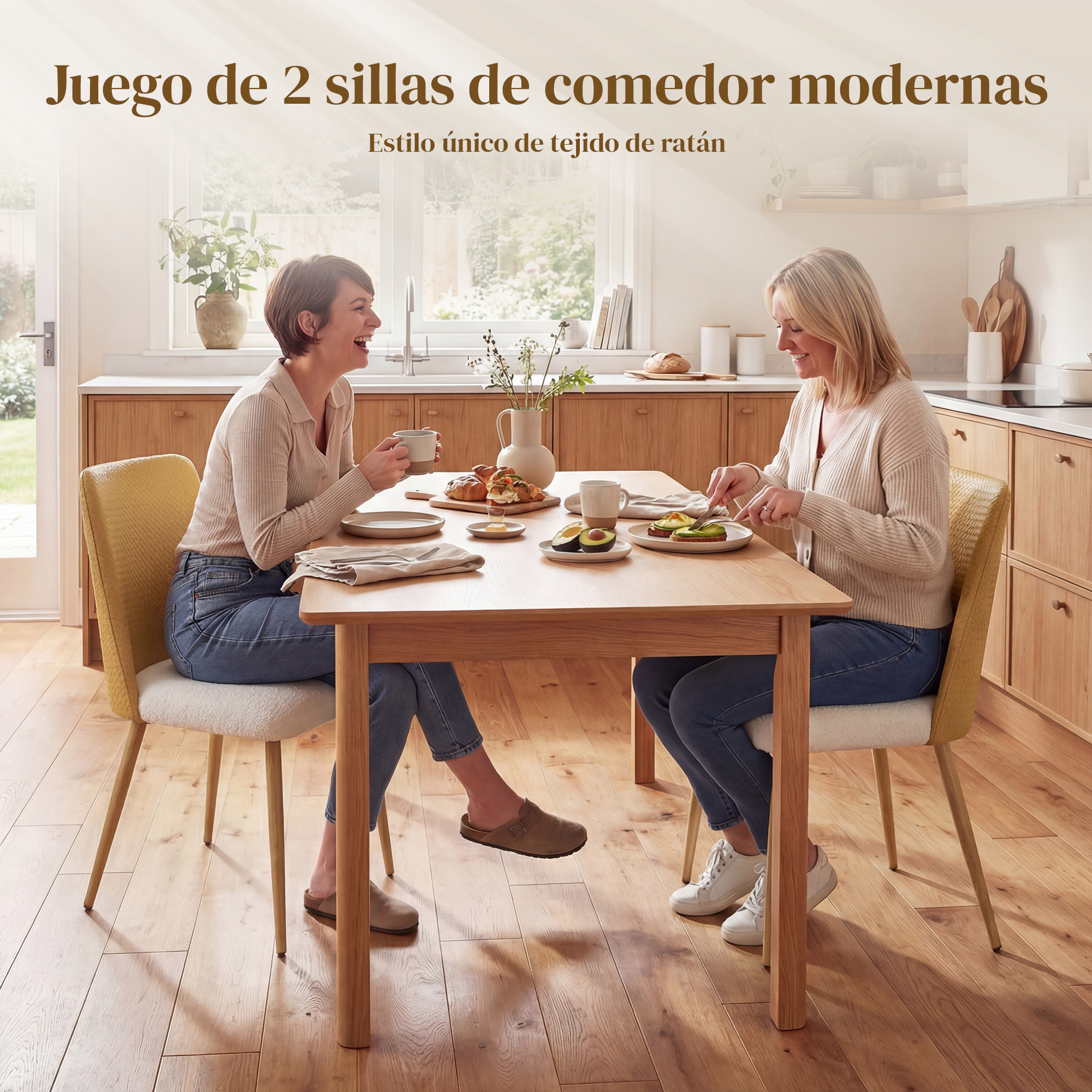 Juego de 2 Sillas de Comedor, Sillas de Cocina con Respaldo de PU de Imitación Ratán, Asiento Acolchado, Patas de Acero, para Salón, Marrón y Beige