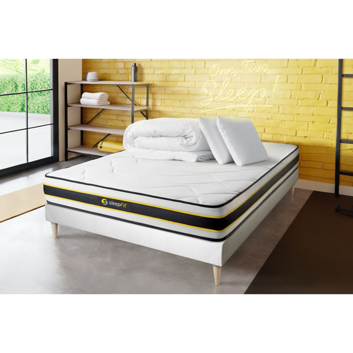 Pack cama completa - Colchón Muelles ensacados y espuma viscoelástica - Kit de base de cama - Blanco - Flexy con 2 almohadas y 1 edredón