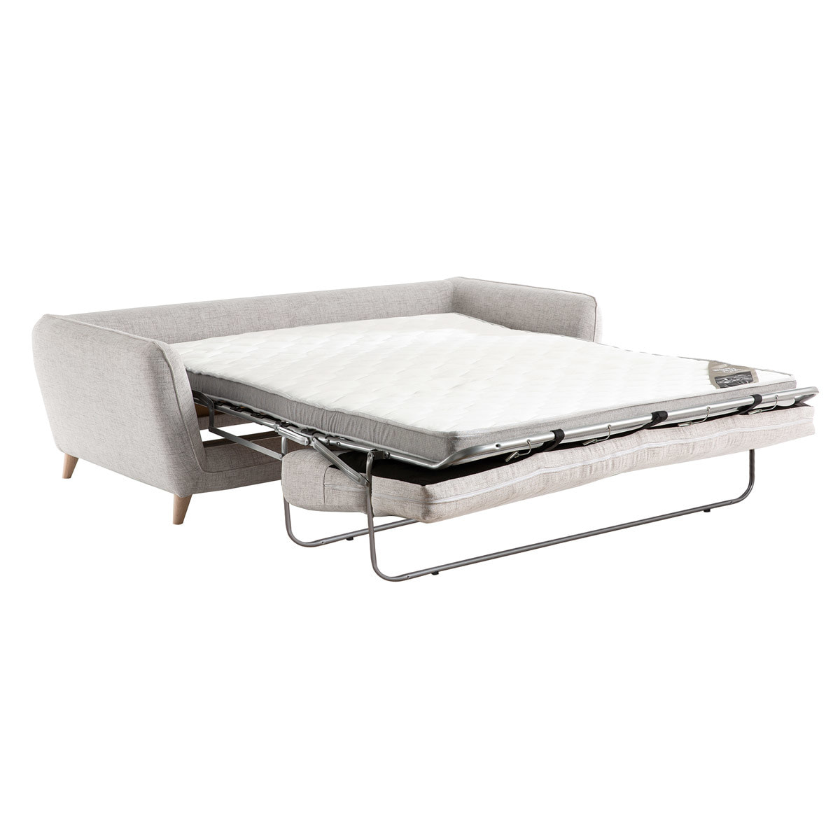 Canapé convertible scandinave 3 places en tissu gris clair chiné et bois clair avec matelas 10 cm CREEP