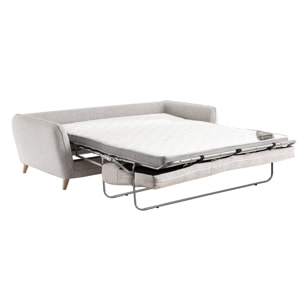 Canapé convertible scandinave 3 places en tissu gris clair chiné et bois clair avec matelas 10 cm CREEP