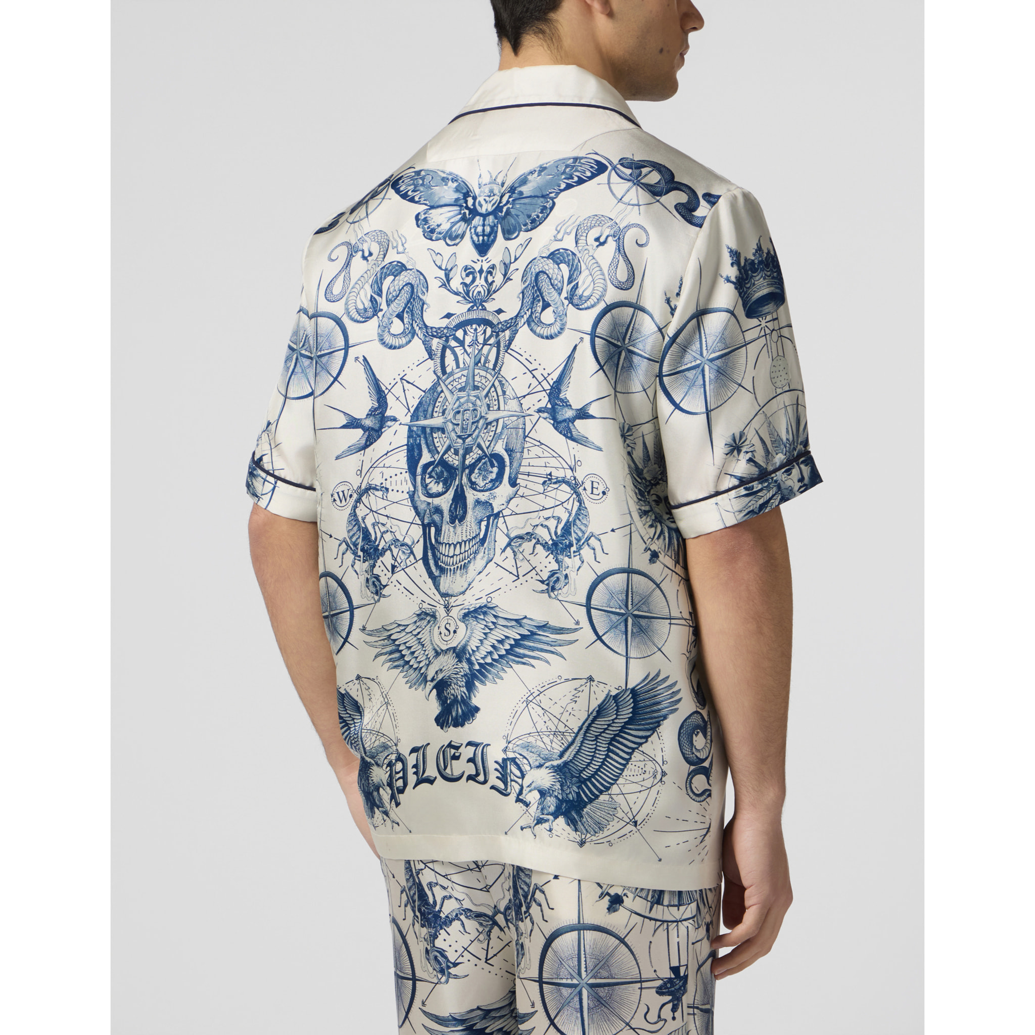 PHILIPP PLEIN Silk Bowling Shirt All-Over Tattoo