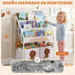 AIYAPLAY Librería Infantil de 4 Niveles Estantería para Libros Montessori con 3 Estantes 2 Cajones de Tela con Diseño de León para Sala de Juegos Dormitorio Guardería para Niños de Altura 76 cm Blanco