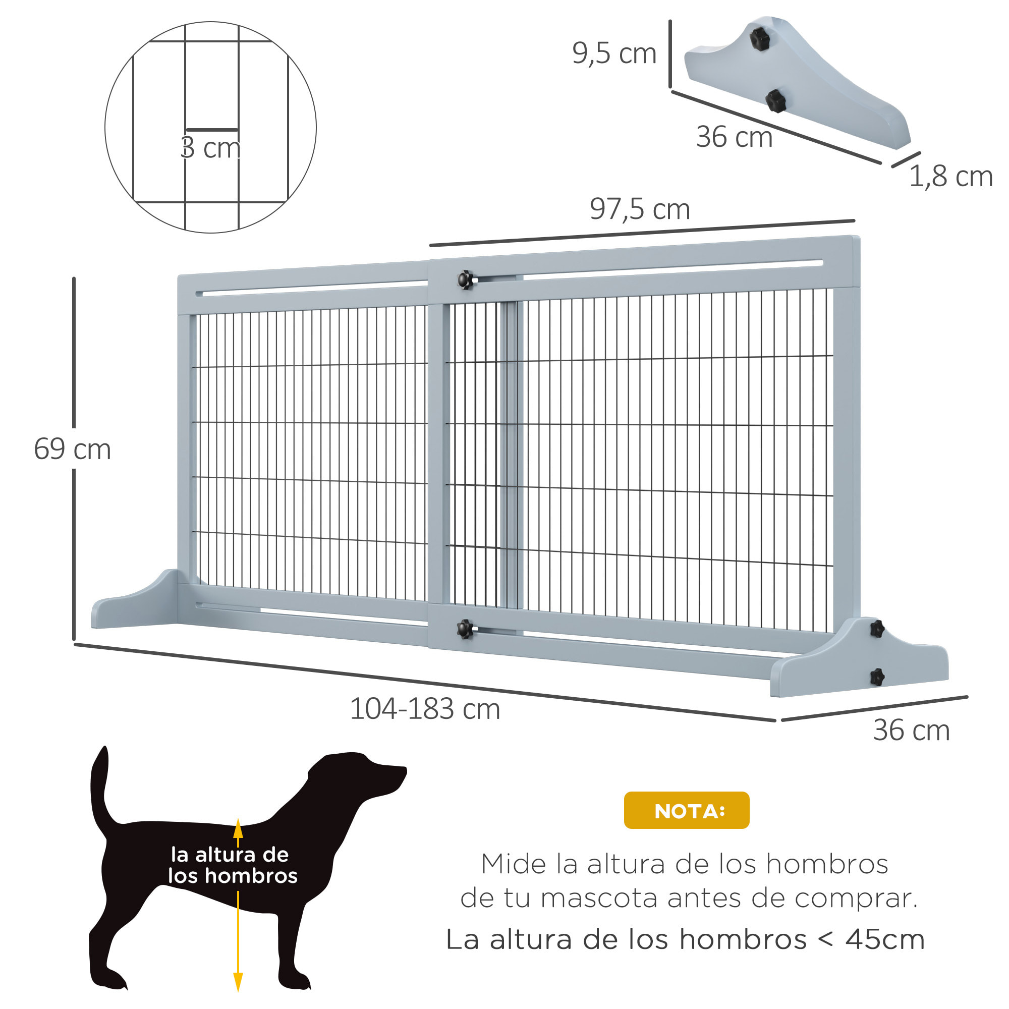 Barrera de Seguridad para Perros Extensible Barrera para Perros en Casa de Madera para Puerta Escalera Pasillo 104-183x36x69 cm Gris