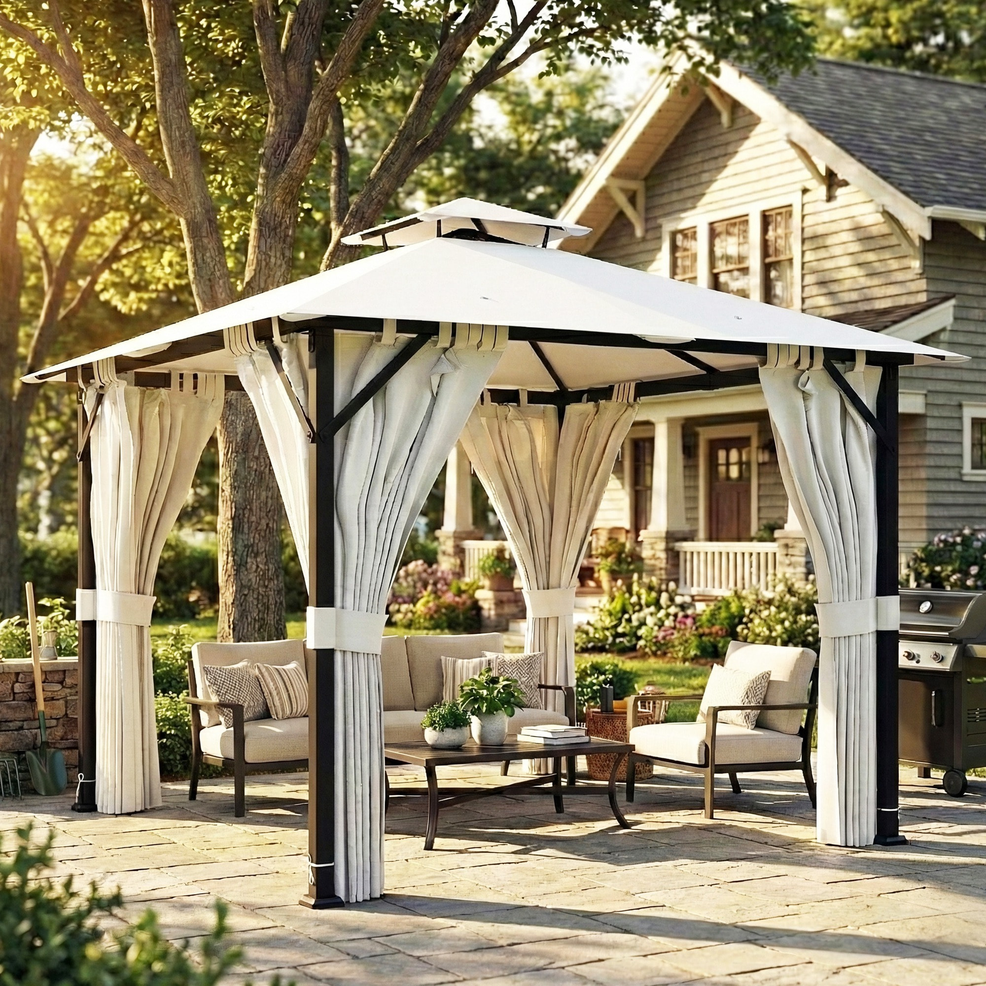 Pavillon de jardin 3x3m toit double rideaux crème