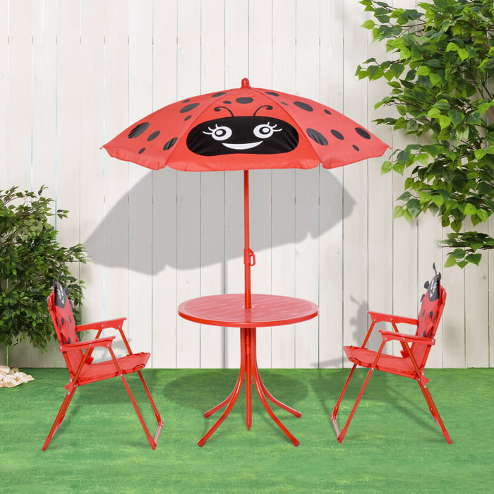 Ensemble salon de jardin enfant 4 pcs design coccinelle - table ronde + 2 chaises pliables + parasol - métal époxy oxford rouge