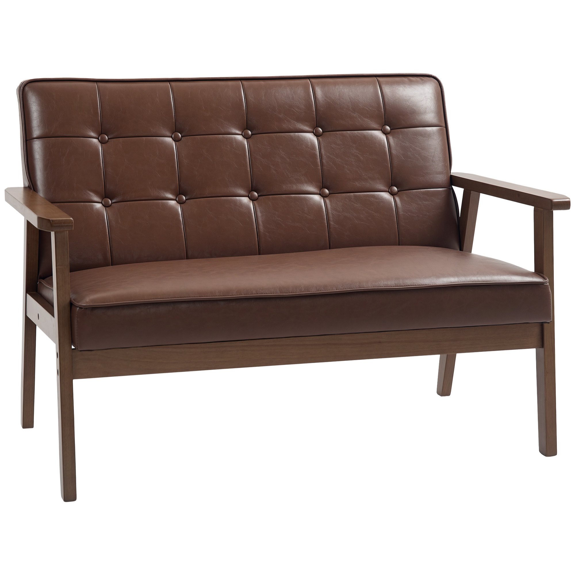 Sofá de 2 Plazas Tapizado en PU Sofá de Salón con Reposabrazos de Madera Respaldo Acolchado Carga 250 kg Sofá Pequeño para Dormitorio Marrón