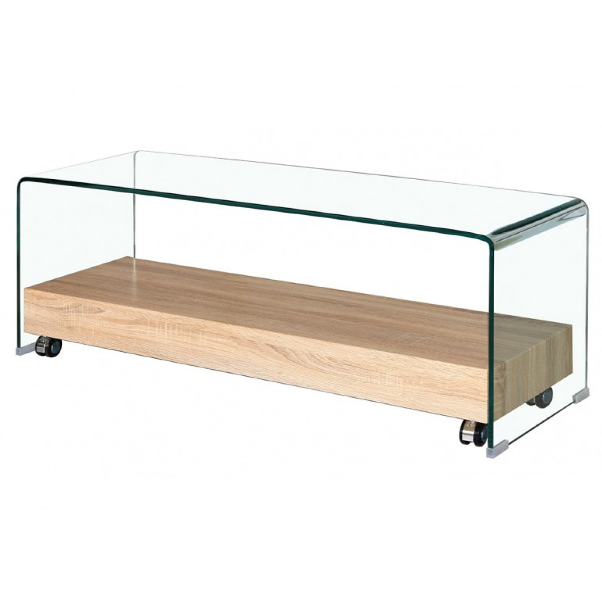 Meuble TV en verre trempé transparent avec étagère en bois - GLASS
