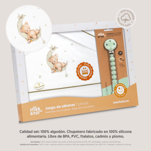 Triptico Cuna Estampado Oso Luna Estrellas + Broche Bco/Verde