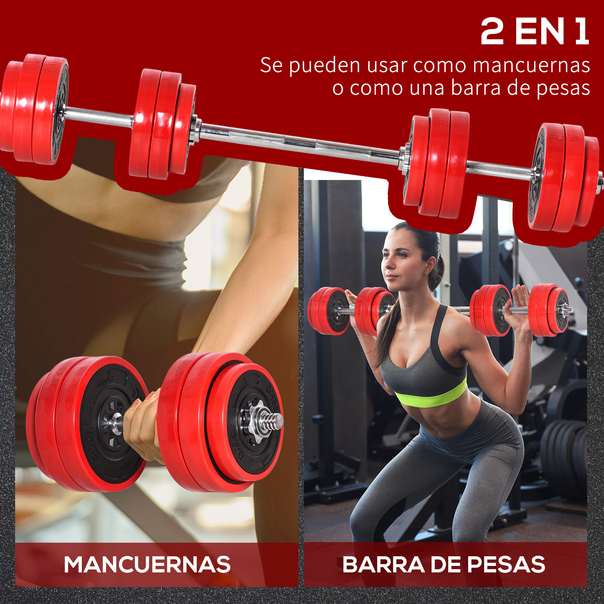 Juego de Mancuernas 30 kg Ajustables 2 en 1 con Barras Biela Ajustable Gimnasio