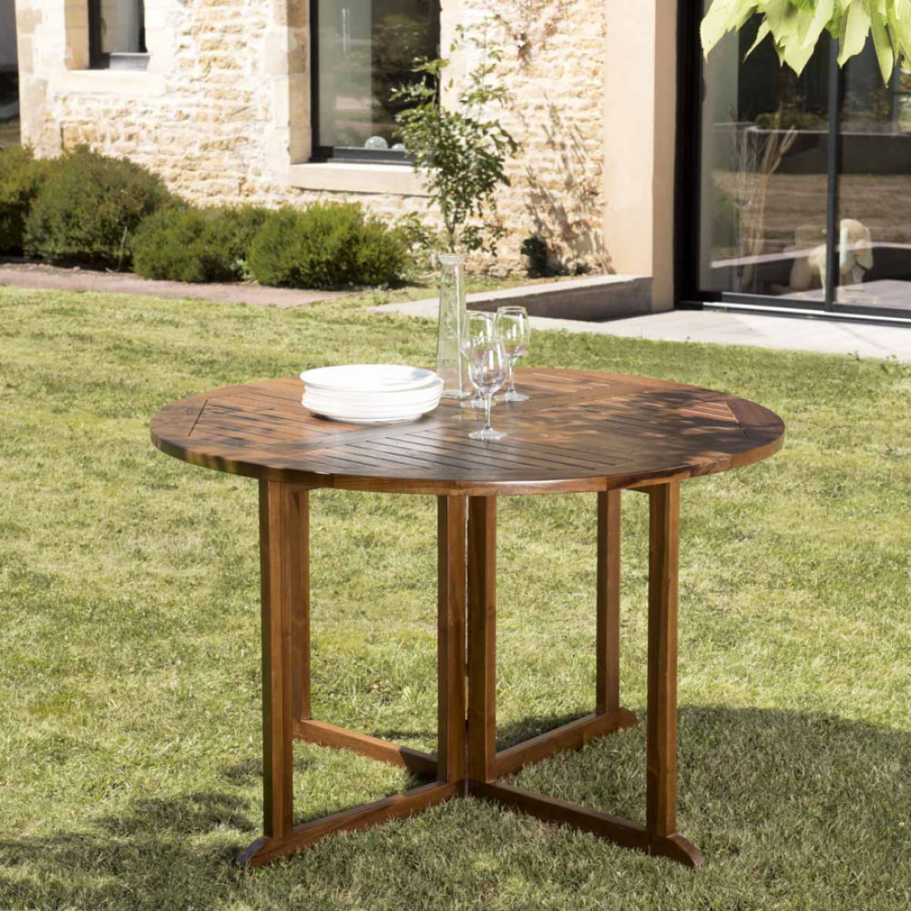 HANNA - Table de jardin 4/5 personnes - table ronde à rabats papillon en bois teck huilé