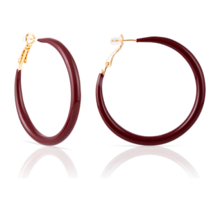 Pendientes de aro liso de cobre con recubrimiento electroplateado color granate, 50 mm, cierre catalán de plata de ley 925 con acabado dorado electroplateado.