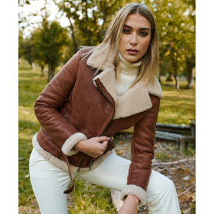 Montone shearling cuoio con cintura e cerniera trasversale