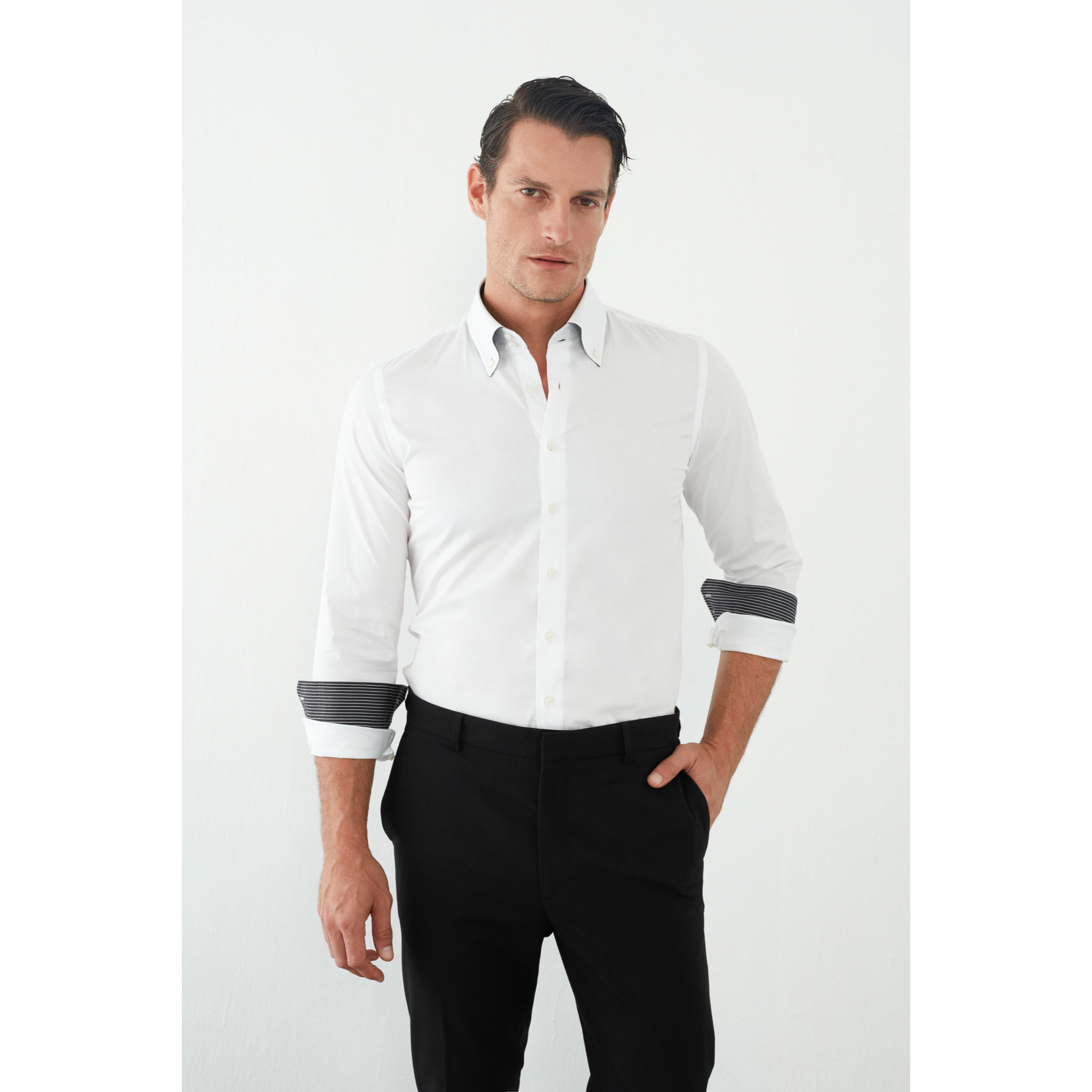 Camicia Uomo 2 Bottoni Button Down Slim Popeline Stretch Unito Bianco