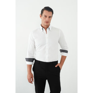 Camicia Uomo 2 Bottoni Button Down Slim Popeline Stretch Unito Bianco