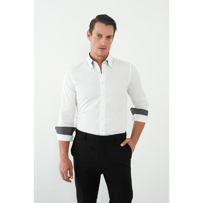 Camicia Uomo 2 Bottoni Button Down Slim Popeline Stretch Unito Bianco