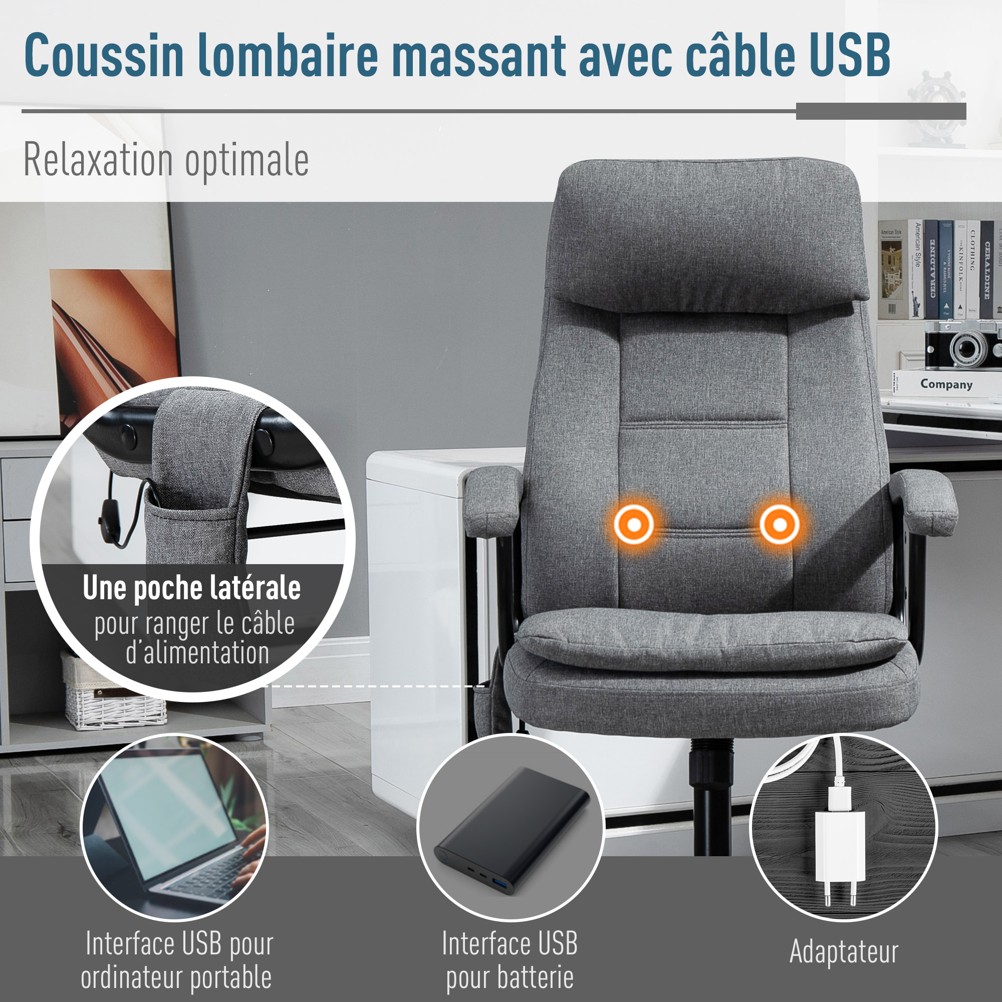 Vinsetto Fauteuil bureau manager massant pivotant hauteur réglable tissu lin gris