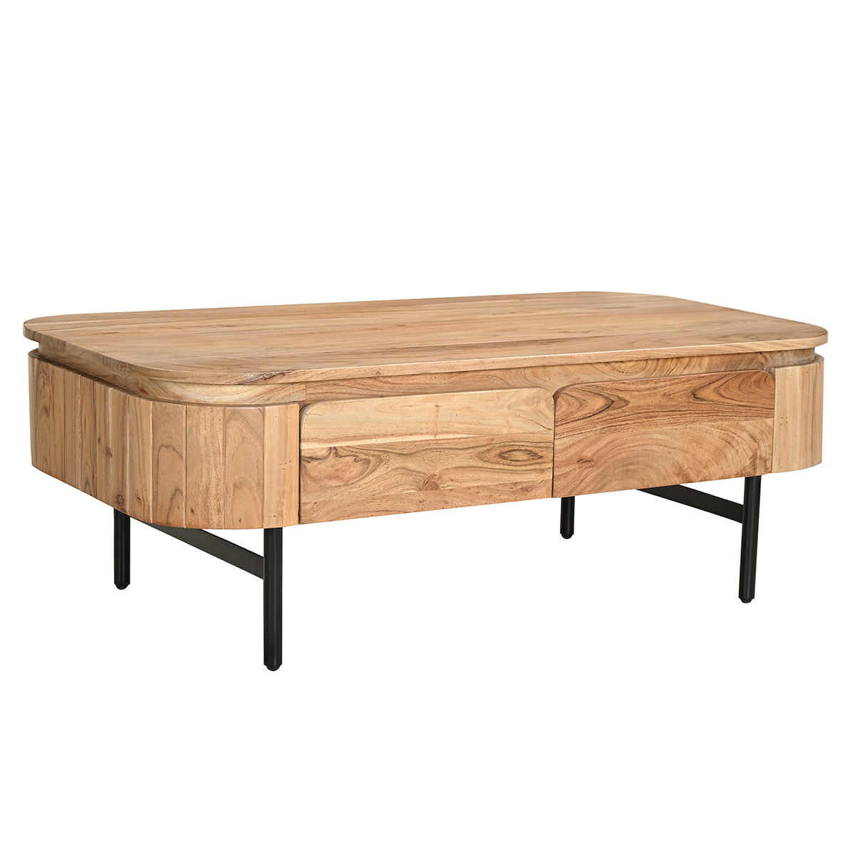 Table basse avec rangements en bois massif et métal noir 4 tiroirs L115 cm NAPOLI