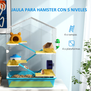 Jaula para Hámster de 5 Niveles Casa para Animales Pequeños con Plataformas Cuenco Bebedero Casita Rampas y Rueda de Ejercicio 58x36x81 cm Azul Claro