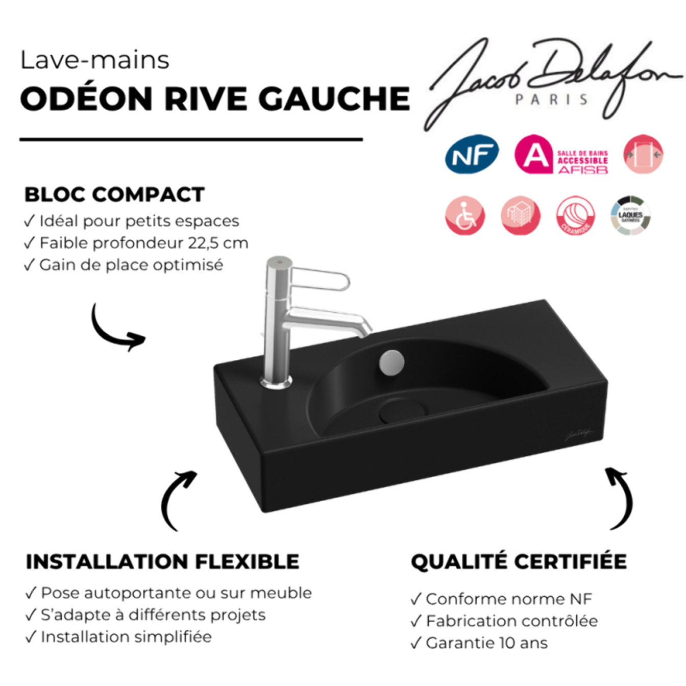 Lave-mains compact 50 cm Odéon Rive Gauche 1 trou de robinetterie à gauche Noir satiné
