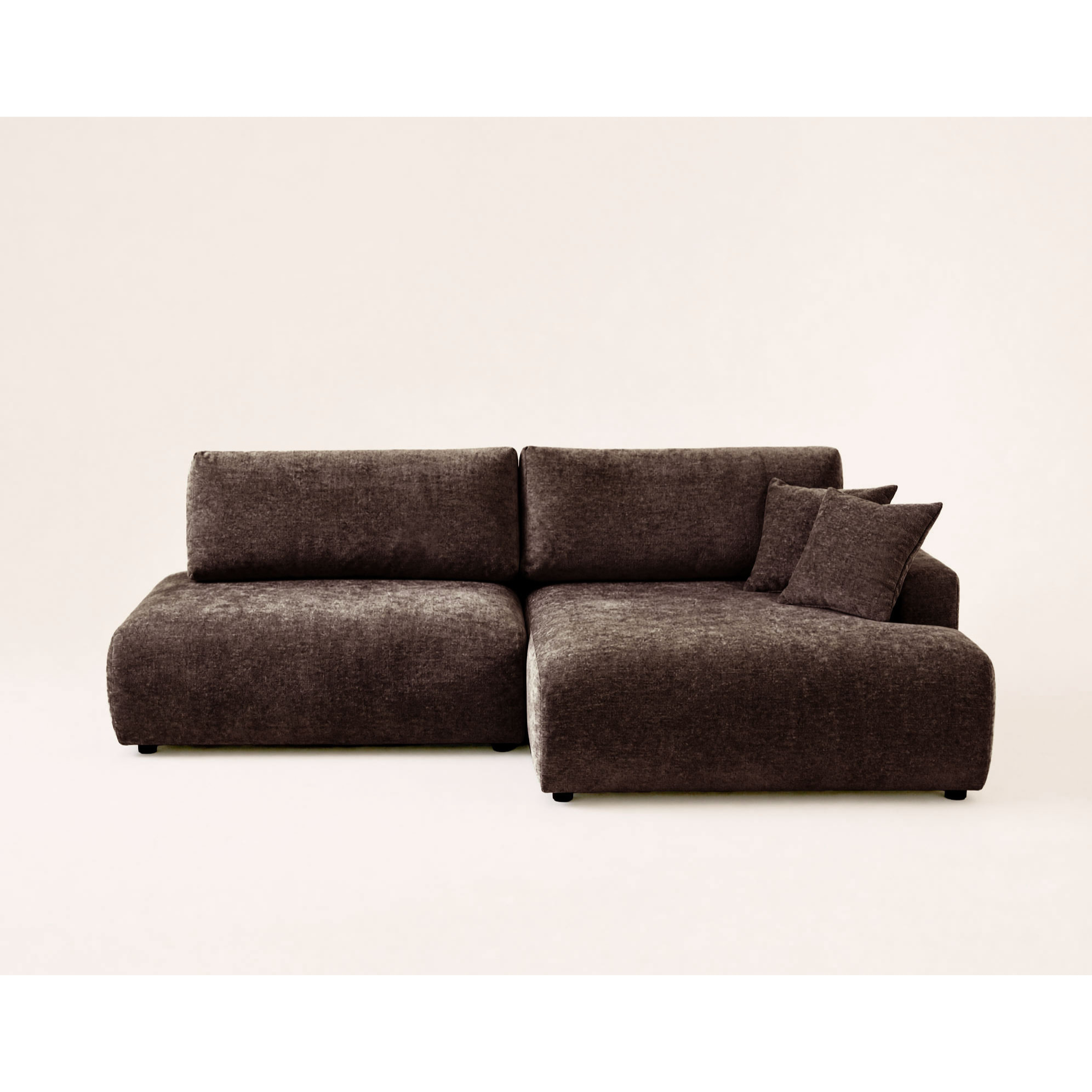 Pivoine - Canapé d'angle ouvert droit 4 places convertible avec coffre en tissu texturé - Marron