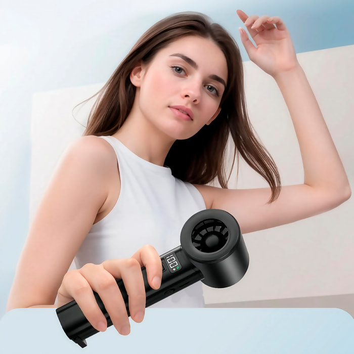 Ventilatore portatile S1064 con 199 velocità di regolazione continua, schermo LCD e visualizzazione in tempo reale del livello della batteria.