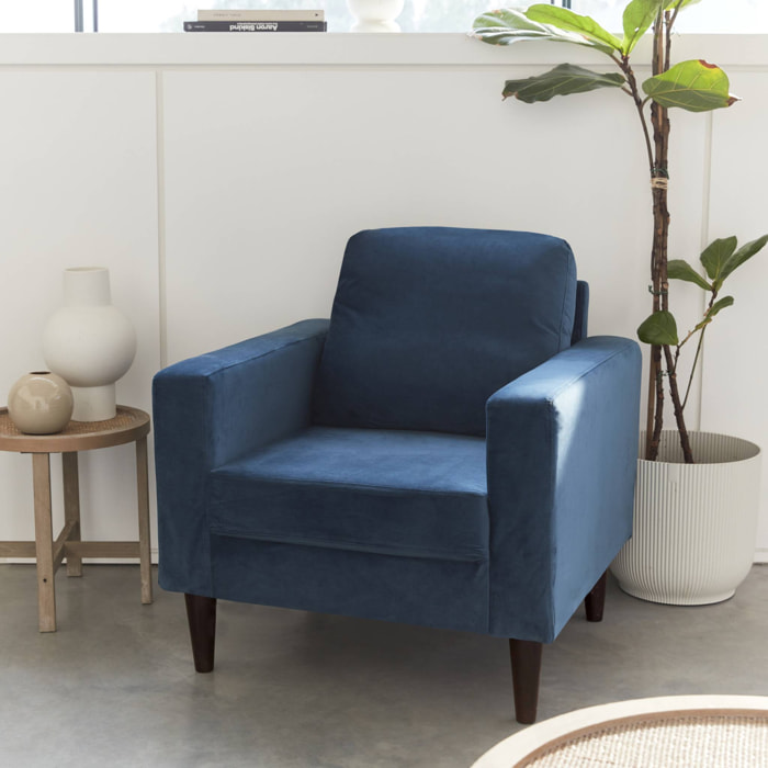 Fauteuil scandinave en velours bleu - Bjorn - Canapé 1 place fixe droit pieds bois