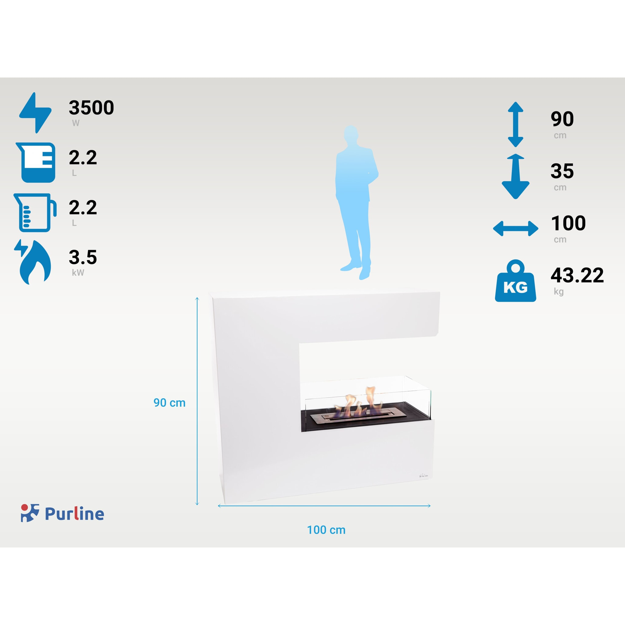 Cheminée à l'éthanol au sol en acier blanc et verre trempé