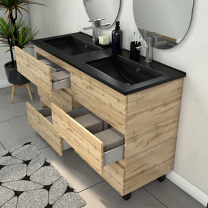 Meuble Salle de Bains 120cm 6 Tiroirs Chêne Naturel + Vasque Noire et Miroirs Ovales