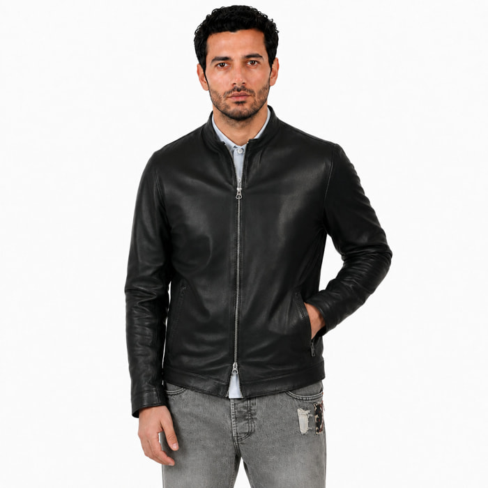 Giubbino in pelle di vitello nappa Nero-Slim Fit