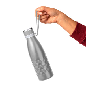 Bidón térmico de 550 ml de capacidad en acero inox de doble pared, con tapón a rosca y asa a juego en silicona.