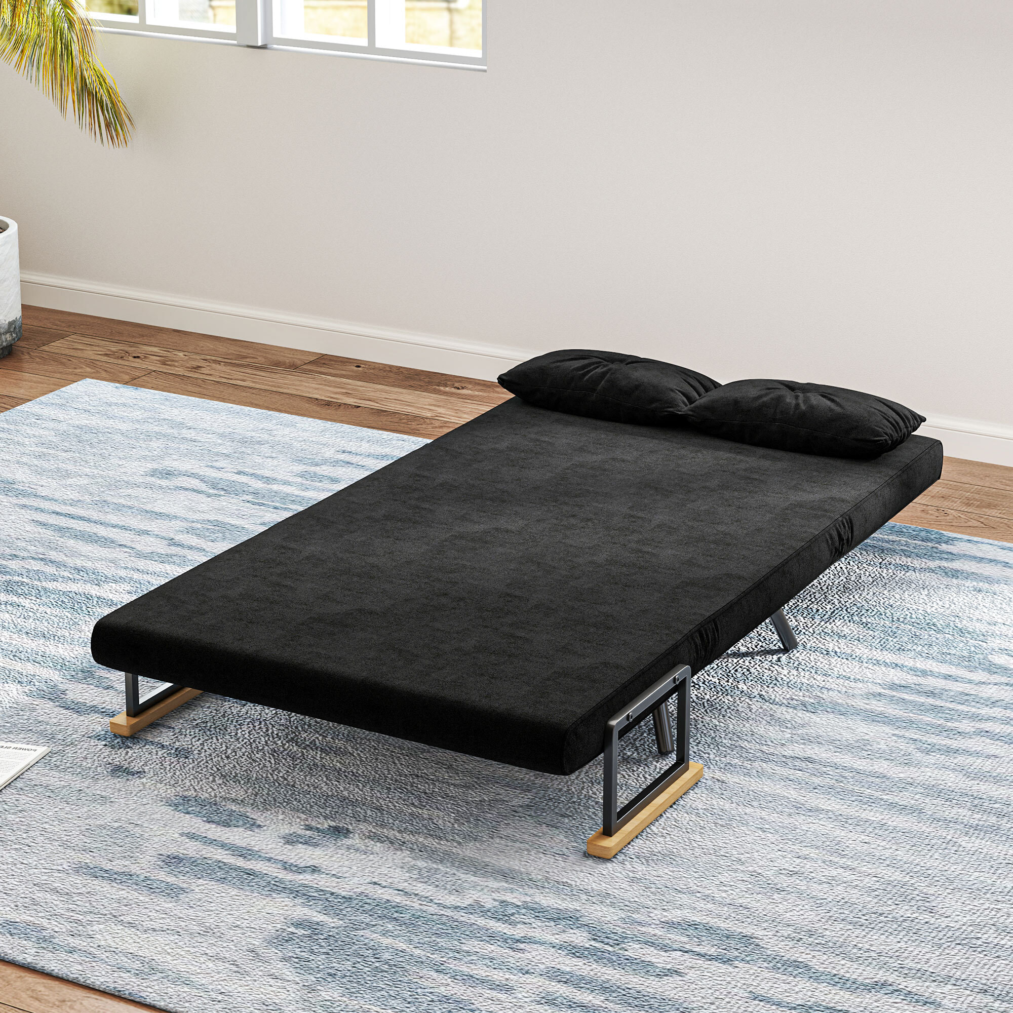 Sofá Cama de 2 Plazas 4 en 1, Sofá Cama Plegable Tapizado en Terciopelo con Respaldo Ajustable de 5 Niveles y Almohadas Acolchadas, para Oficina, Dormitorio, Salón, 102x73x81 cm, Negro