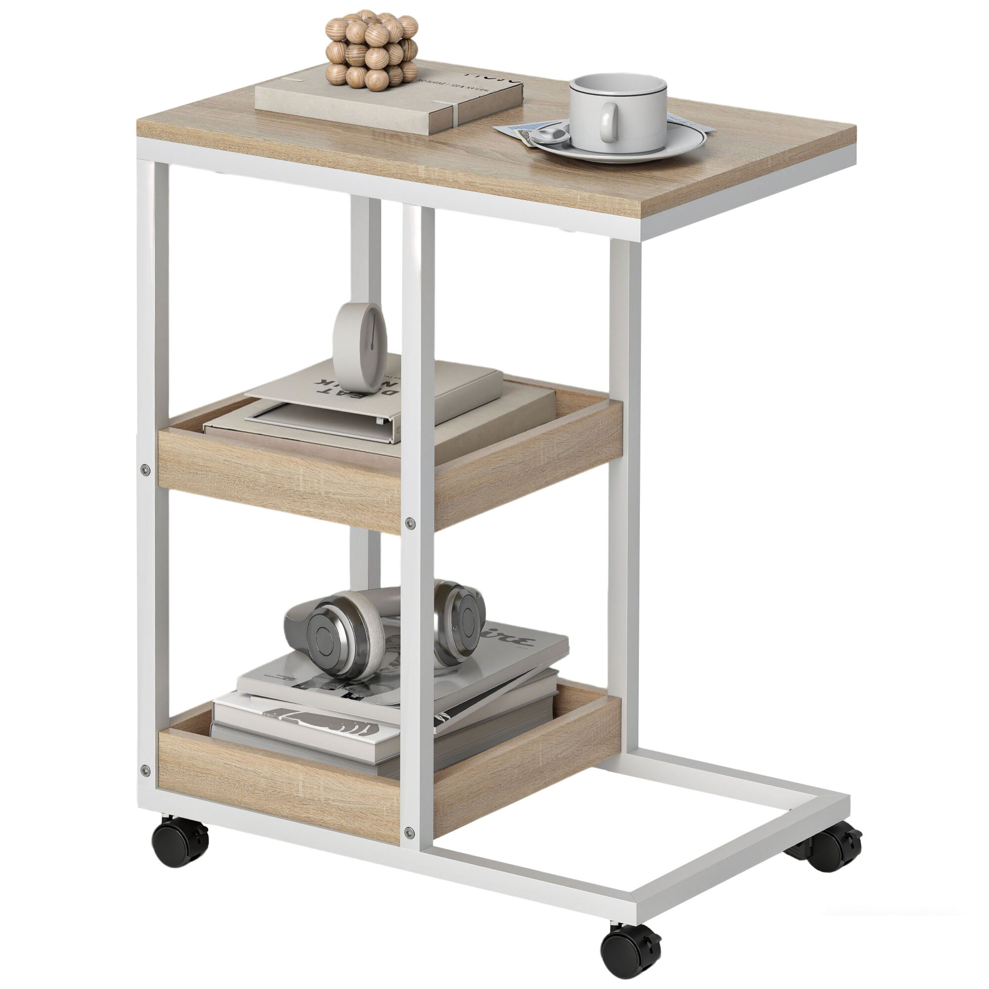 Mesa Auxiliar con Ruedas Mesa Auxiliar para Sofá en Forma de C con 2 Estantes Abiertos, Marco de Acero, para Salón, Dormitorio, 51x33x66 cm, Natural y Blanco