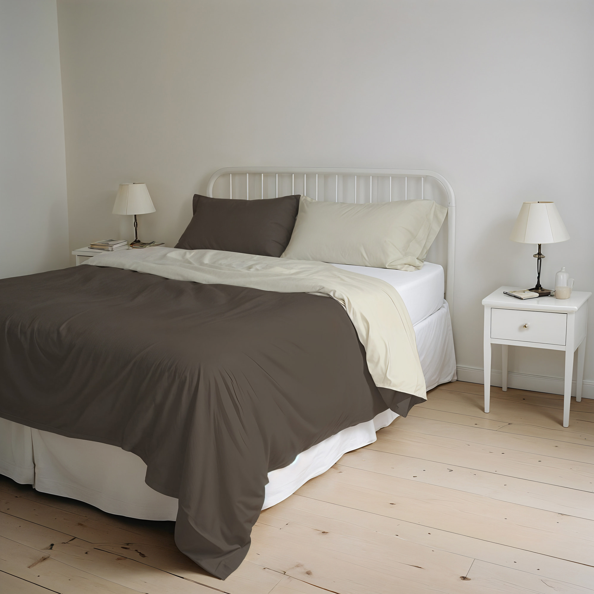 PARURE COPRIPIUMINO NATURAL COLOR, 100% Cotone, Made in Italy - MARRONE/PANNA