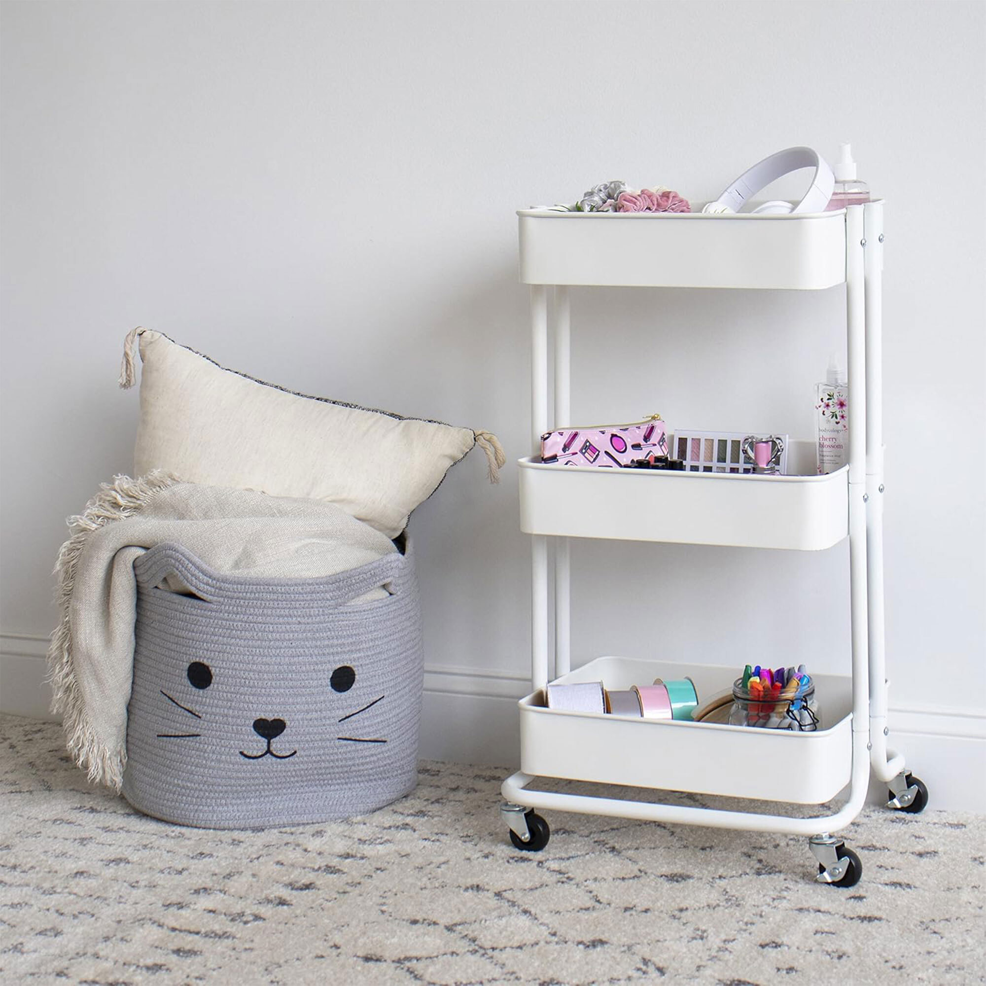 Well home carro de cocina de hierro en blanco con ruedas y 3 cajones