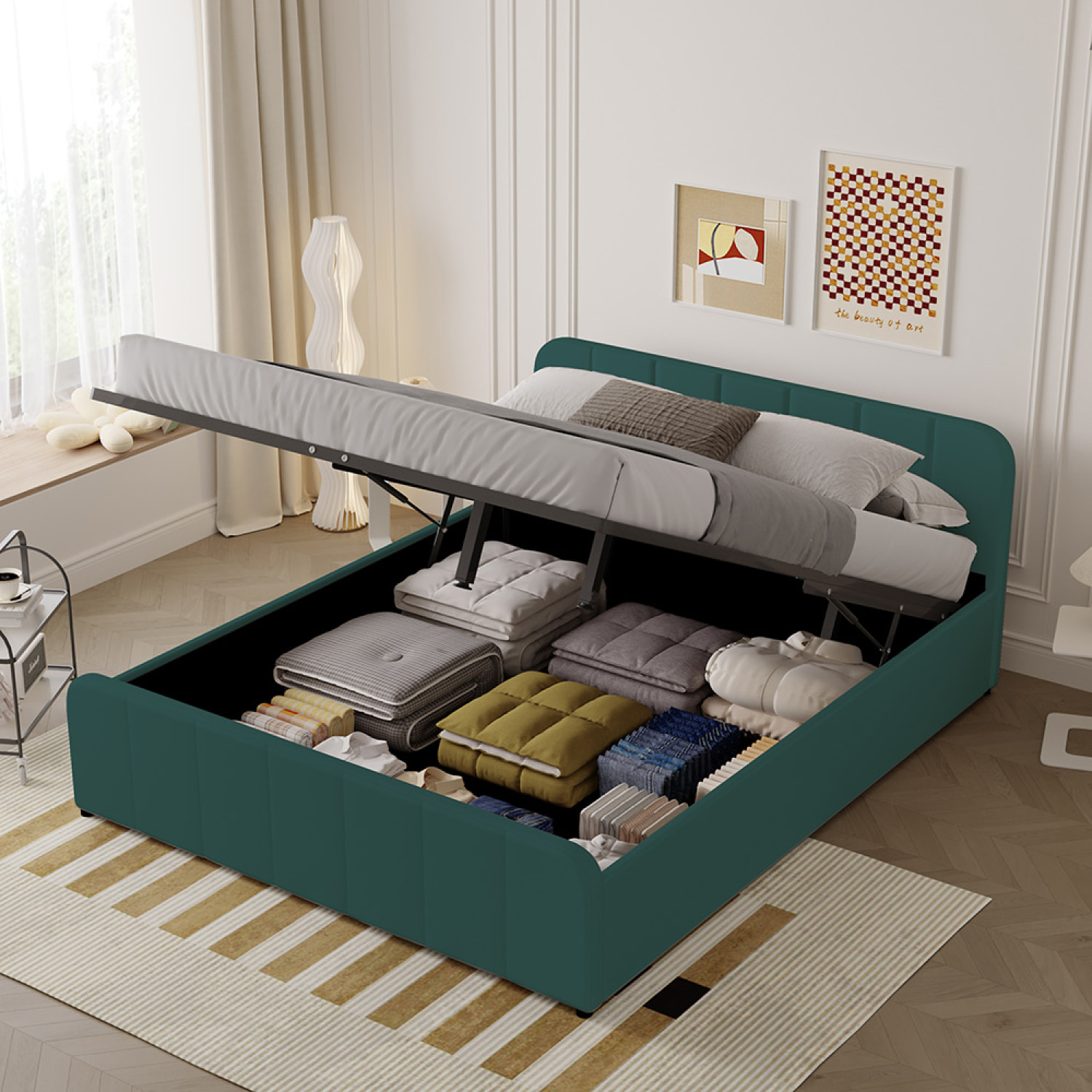 Lit avec coffre de rangement 160x200cm en velours vert KANSAS