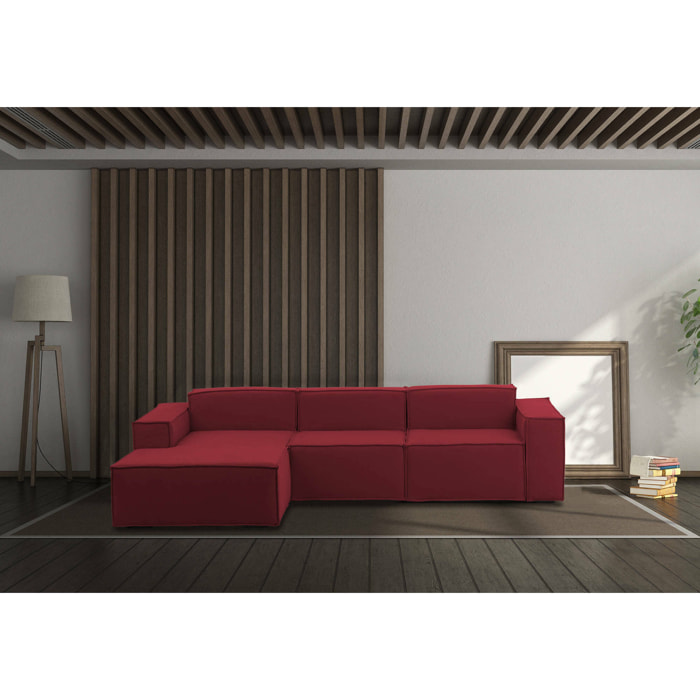 Divano fisso Jessica, Divano componibile a 3 posti con penisola sinistra, 100% Made in Italy, Sofà moderno in tessuto, Cm 300x170h70, Rosso