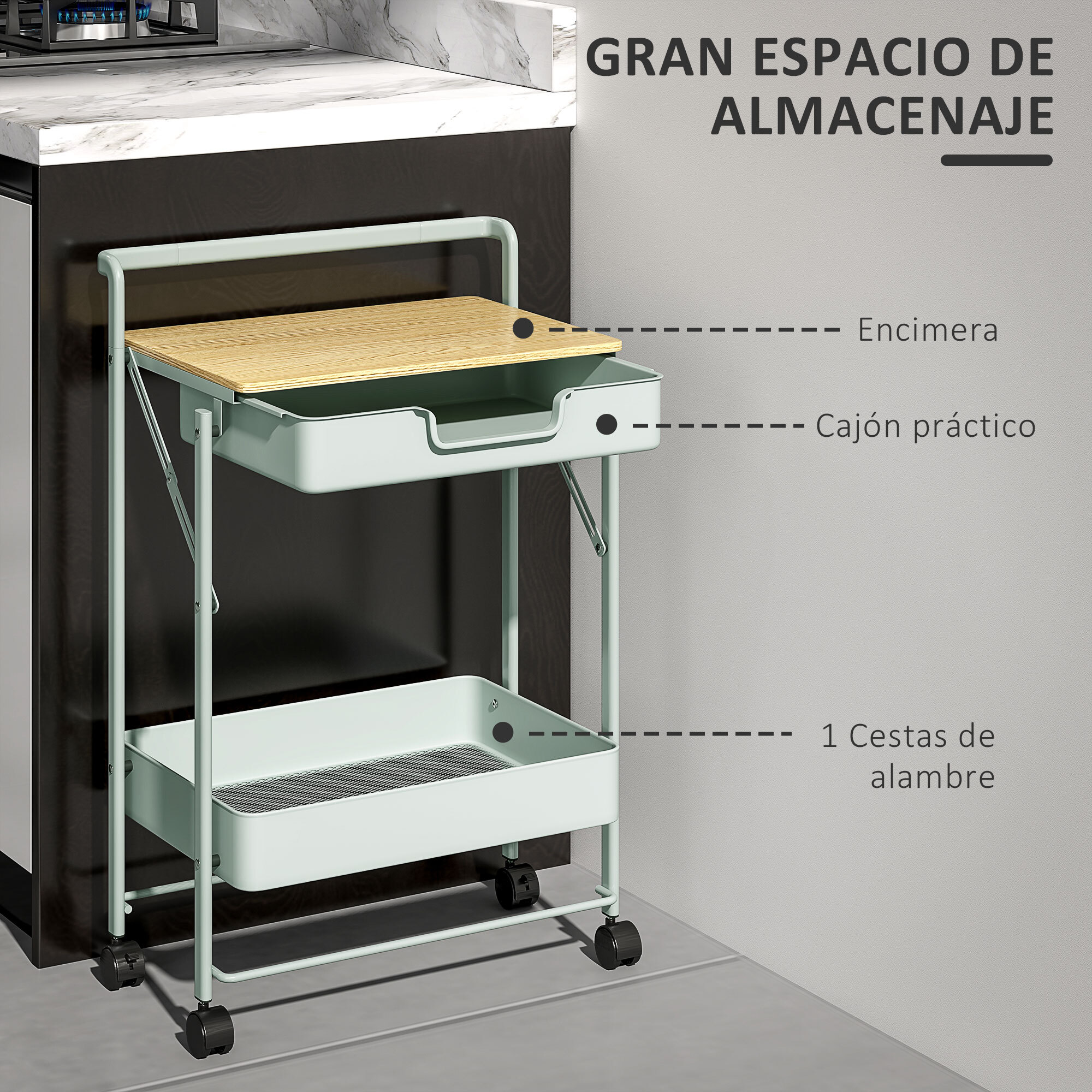Carrito Auxiliar con Ruedas de 2 Niveles Carro de Cocina con 1 Cajón y 1 Cesta Carrito Organizador para Dormitorio Salón Oficina Verde Claro