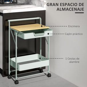 Carrito Auxiliar con Ruedas de 2 Niveles Carro de Cocina con 1 Cajón y 1 Cesta Carrito Organizador para Dormitorio Salón Oficina Verde Claro